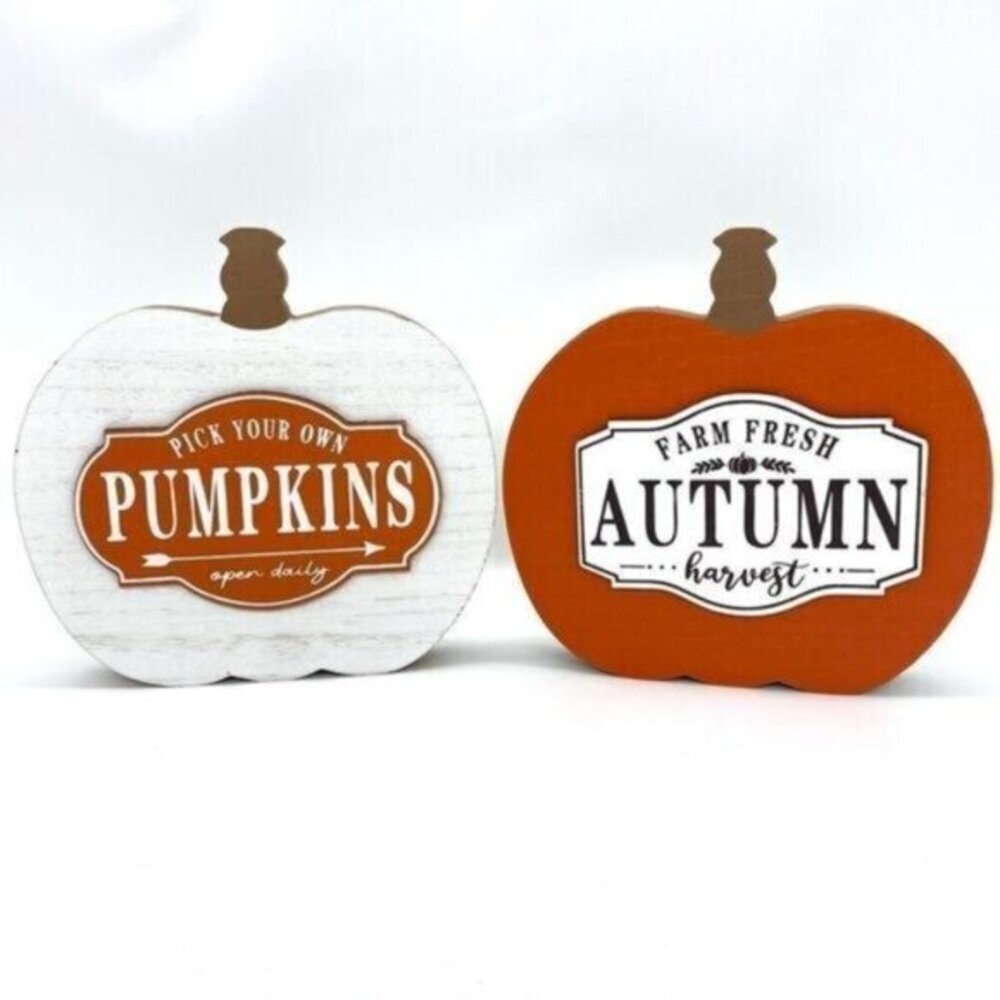 Farmhouse Set Of 2 Wooden Pumpkin Decor New